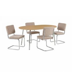 Ensemble repas table à manger ovale VASSI effet chêne et lot de 4 chaises JACK tissu marron