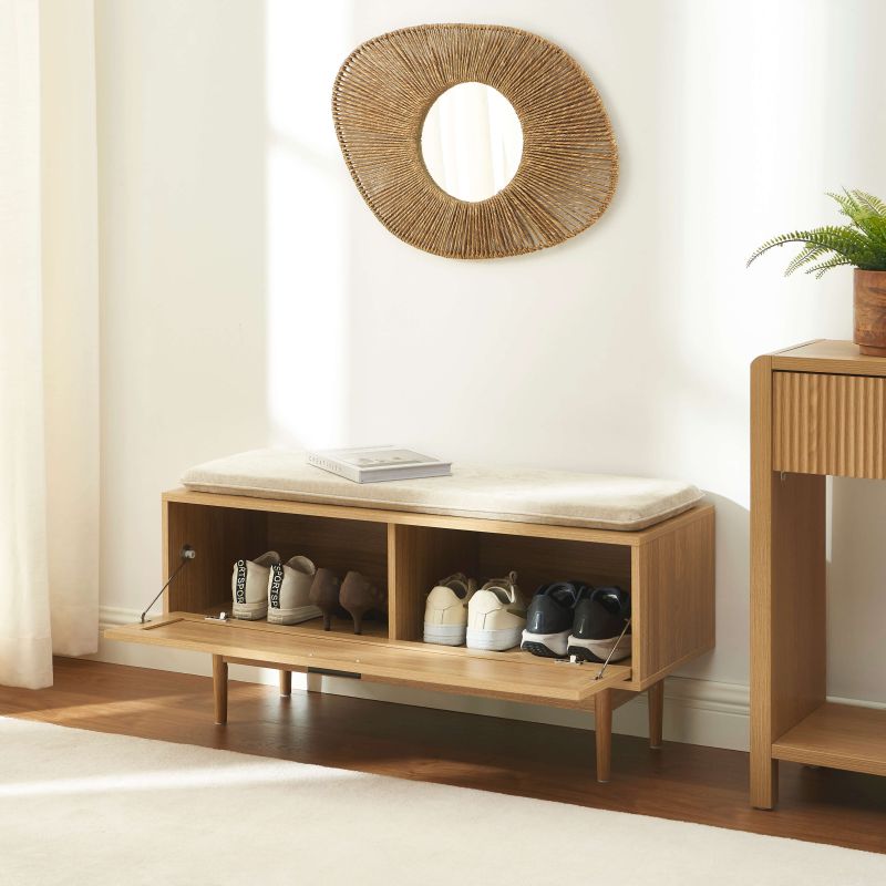 Banc à chaussures AMANA effet chêne et cannage rotin 100cm