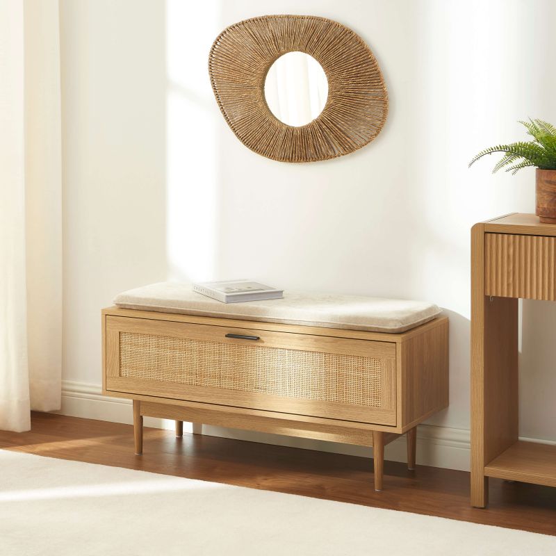 Banc à chaussures AMANA effet chêne et cannage rotin 100cm