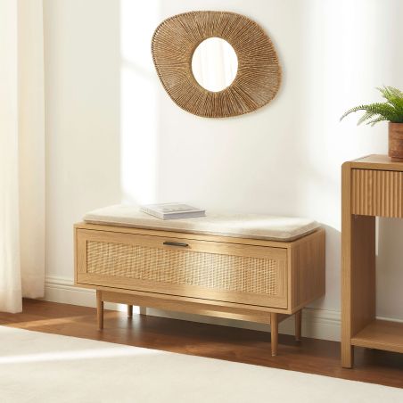 Banc à chaussures AMANA effet chêne et cannage rotin 100cm