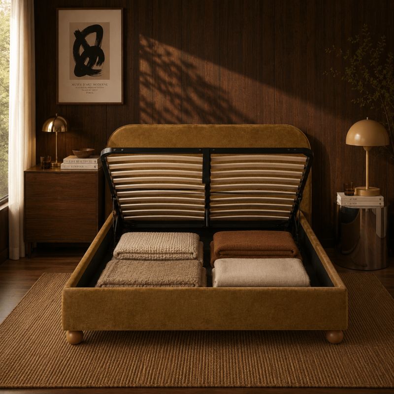 Lit coffre PILKA 160x200 tissu chenille bronze sommier inclus