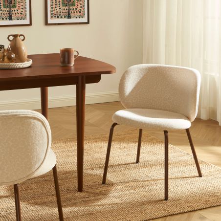 Lot de 2 chaises SERENA tissu jacquard léopard écru et pieds métal marron