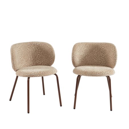 Lot de 2 chaises SERENA tissu jacquard léopard beige et pieds métal marron
