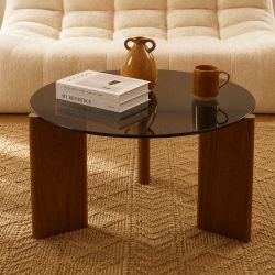 Table basse OLIE verre trempé noir et placage noyer 75cm