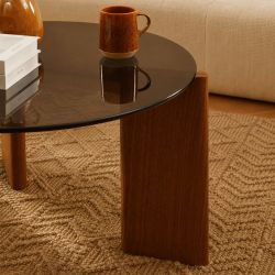 Table basse OLIE verre trempé noir et placage noyer 75cm