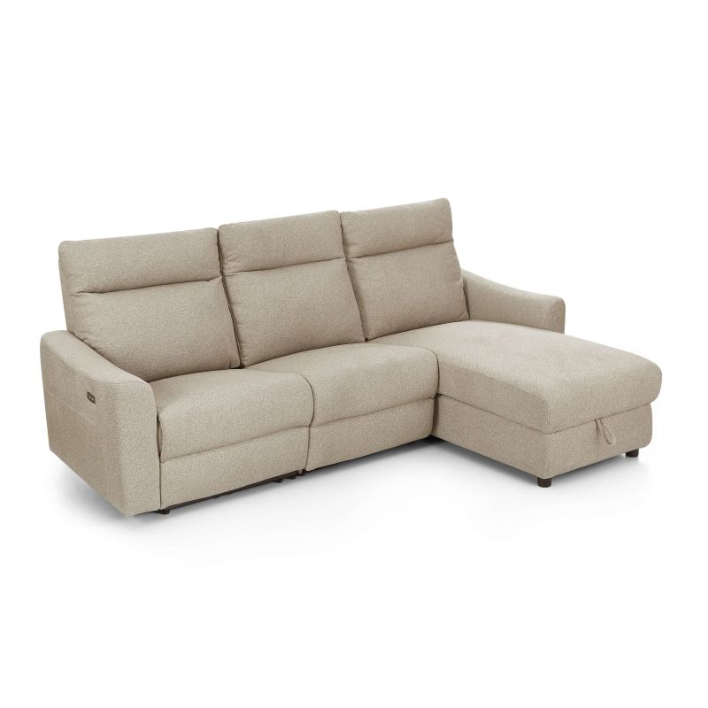 Canapé d'angle droit relax électrique HOROS 4 places tissu chenille beige