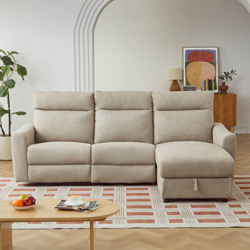 Canapé d'angle droit relax électrique HOROS 4 places tissu chenille beige
