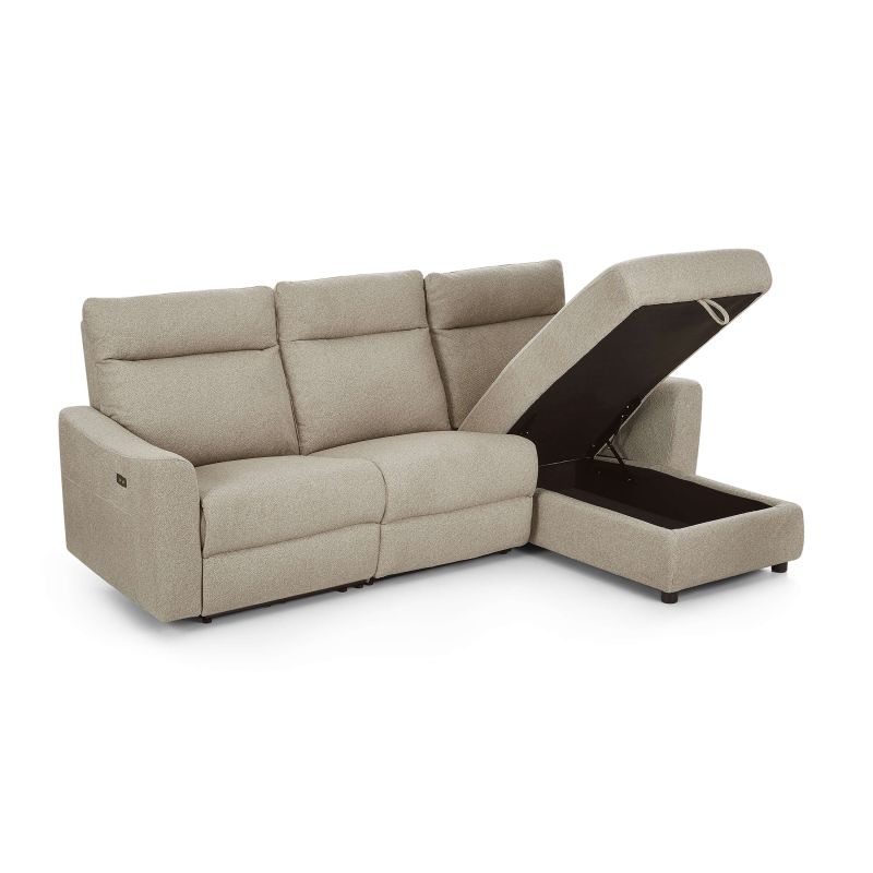 Canapé d'angle droit relax électrique HOROS 4 places tissu chenille beige