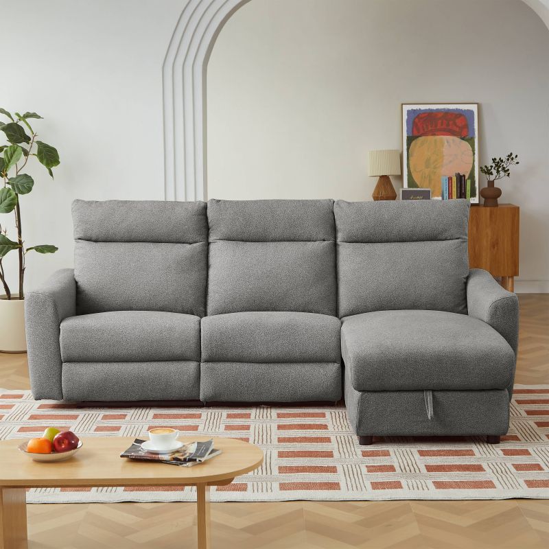 Canapé d'angle droit relax électrique HOROS 4 places tissu chenille gris clair