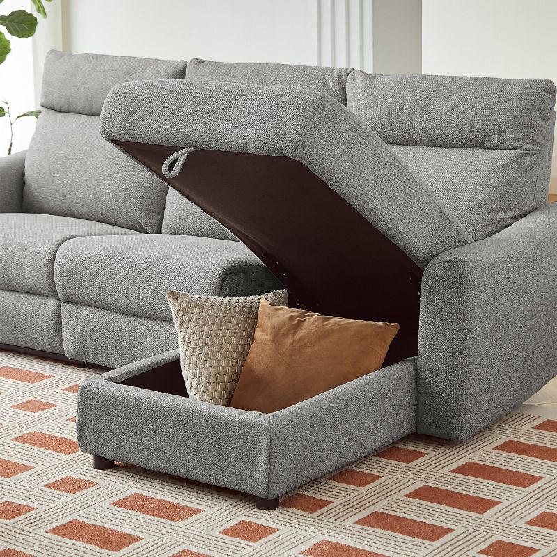 Canapé d'angle droit relax électrique HOROS 4 places tissu chenille gris clair