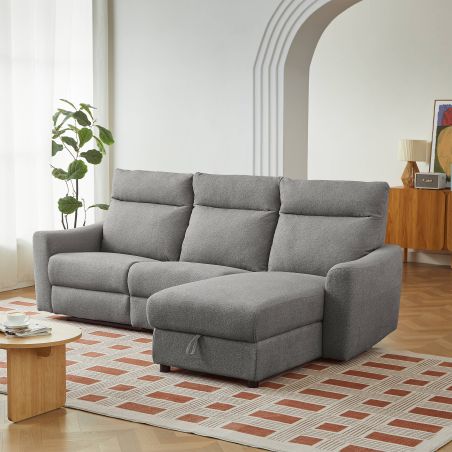 Canapé d'angle droit relax électrique HOROS 4 places tissu chenille gris clair