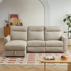 Canapé d'angle gauche relax électrique HOROS 4 places tissu chenille beige