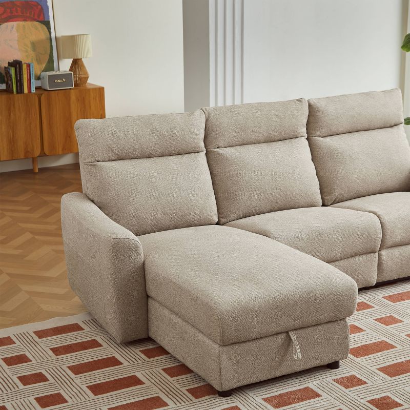 Canapé d'angle gauche relax électrique HOROS 4 places tissu chenille beige
