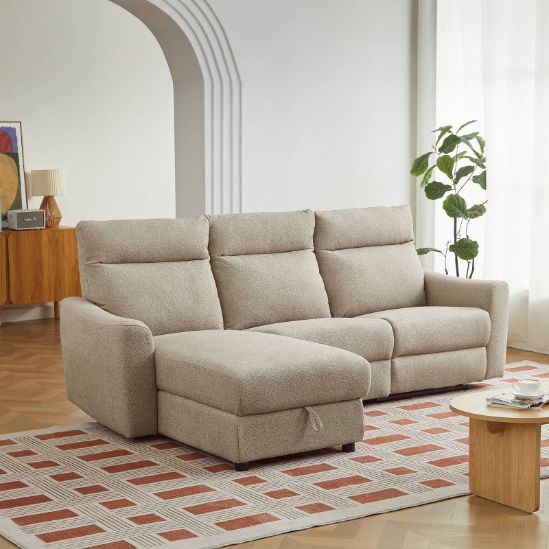 Canapé d'angle gauche relax électrique HOROS 4 places tissu chenille beige