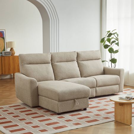 Canapé d'angle gauche relax électrique HOROS 4 places tissu chenille beige