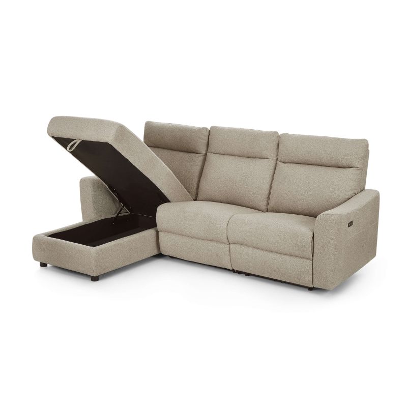Canapé d'angle gauche relax électrique HOROS 4 places tissu chenille beige