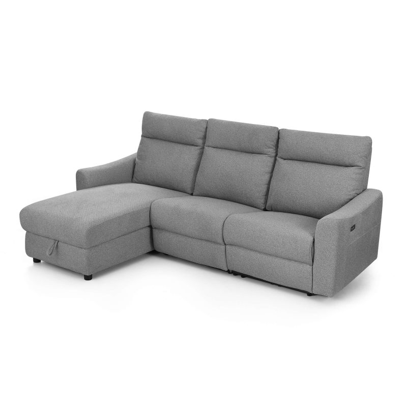 Canapé d'angle gauche relax électrique HOROS 4 places tissu chenille gris clair