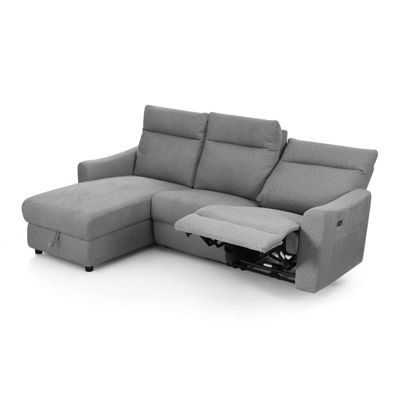 Canapé d'angle gauche relax électrique HOROS 4 places tissu chenille gris clair