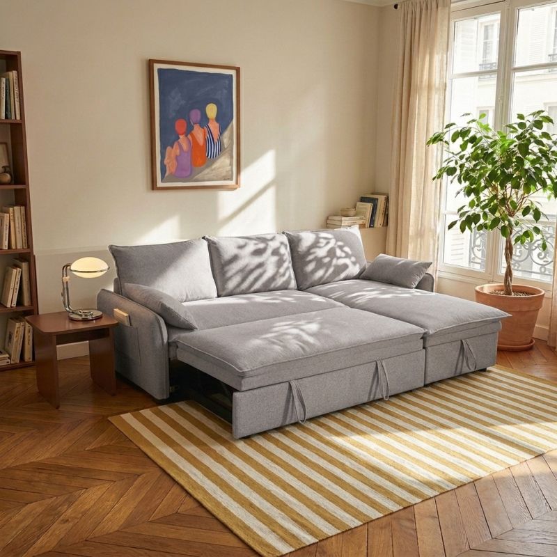 Canapé d'angle convertible et réversible SABEA 4 places tissu beige