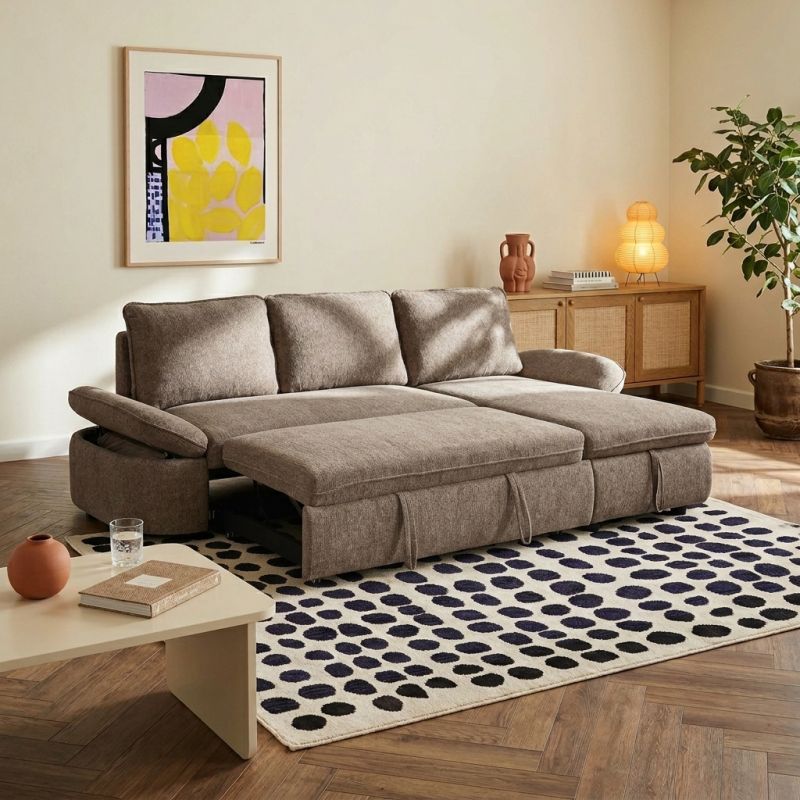 Canapé d'angle convertible et réversible LORMA 4 places tissu chenille tramé marron