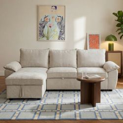 Canapé d'angle gauche convertible VINEA 4 places tissu chenille tramé beige