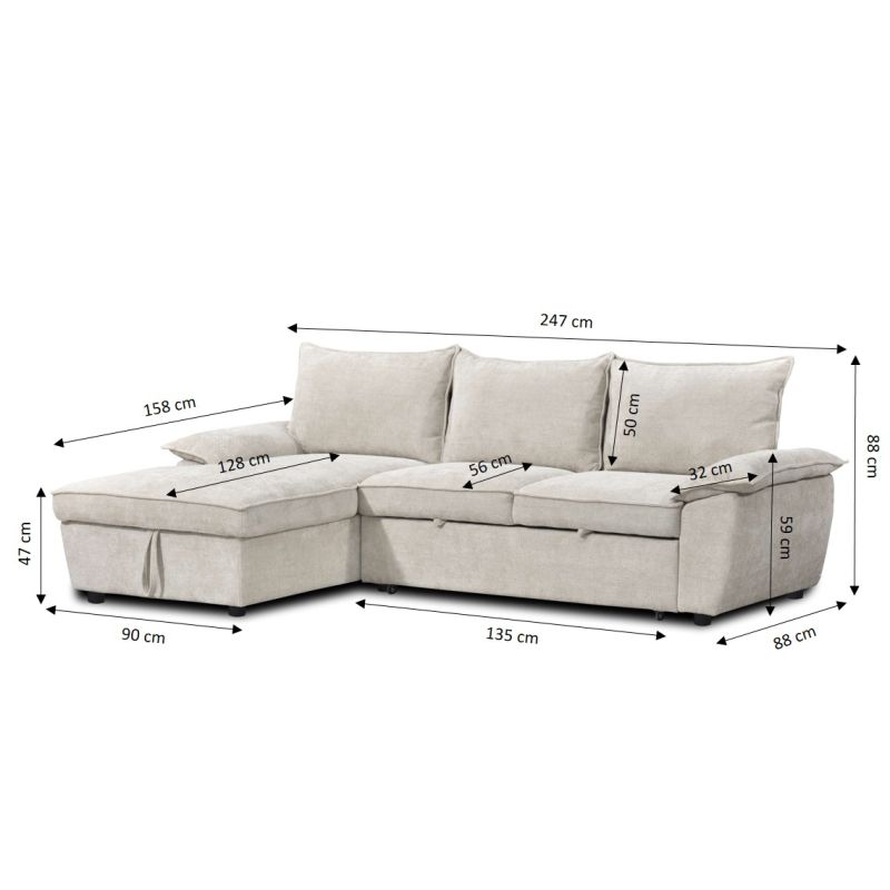 Canapé d'angle gauche convertible VINEA 4 places tissu chenille tramé beige