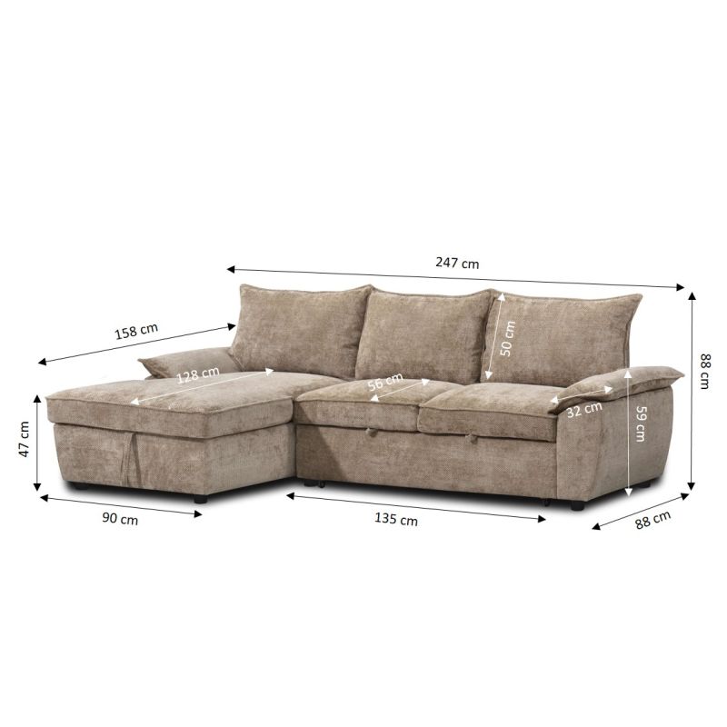 Canapé d'angle gauche convertible VINEA 4 places tissu chenille tramé taupe