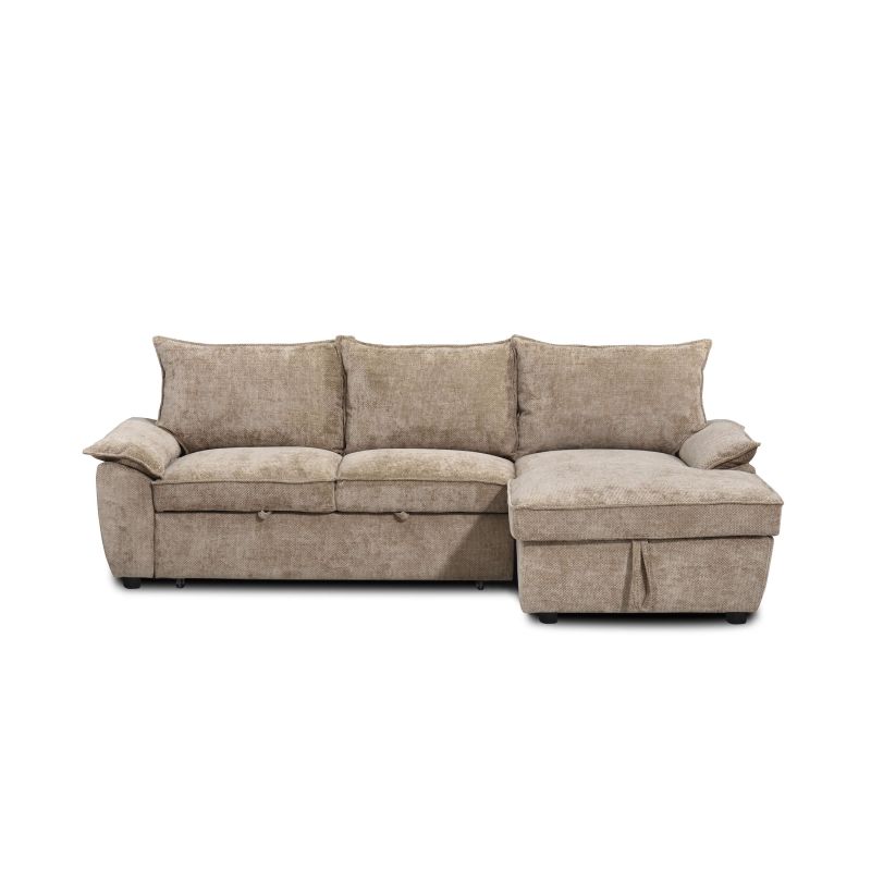 Canapé d'angle droit convertible VINEA 4 places tissu chenille tramé taupe
