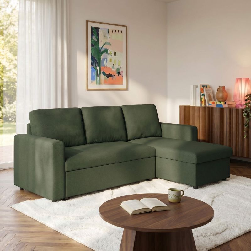 Canapé d'angle convertible et réversible SPENA 4 places tissu vert