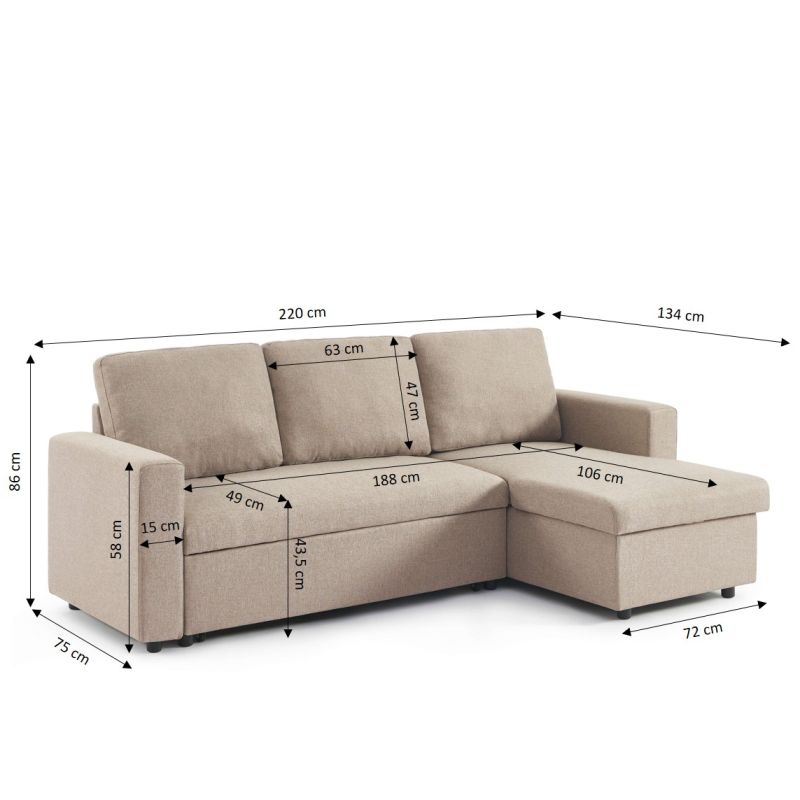 Canapé d'angle convertible et réversible SPENA 4 places tissu beige