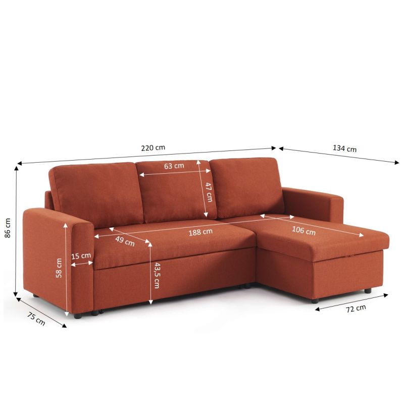 Canapé d'angle convertible et réversible SPENA 4 places tissu terracotta