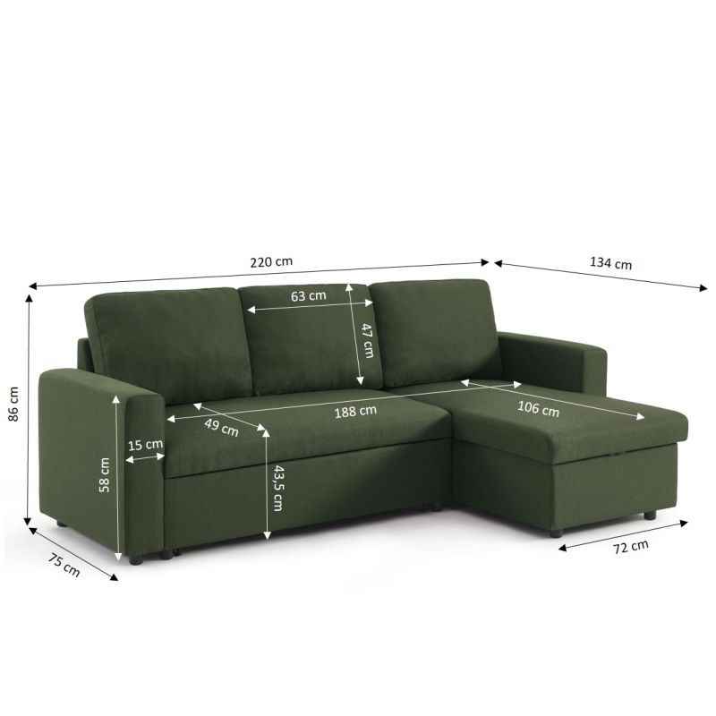 Canapé d'angle convertible et réversible SPENA 4 places tissu vert