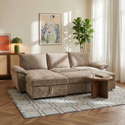 Canapé d'angle gauche convertible VINEA 4 places tissu chenille tramé taupe