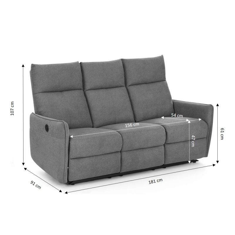 Canapé relax électrique MINOS 3 places tissu chenille gris