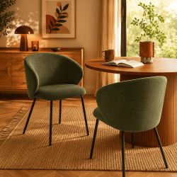 Lot de 2 chaises CASSIE tissu chenille vert et pieds métal noir