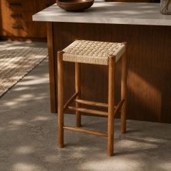 Lot de 2 tabourets ELLIO chêne massif couleur noyer et corde