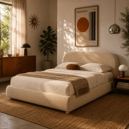 Lit coffre JELLY 160x200 tissu bouclette beige sommier inclus
