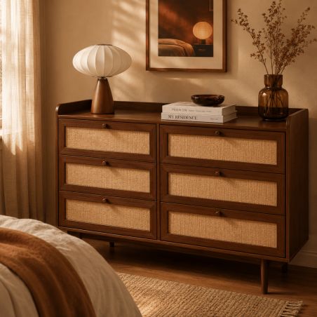 Commode LEON noyer et cannage 6 tiroirs 120cm