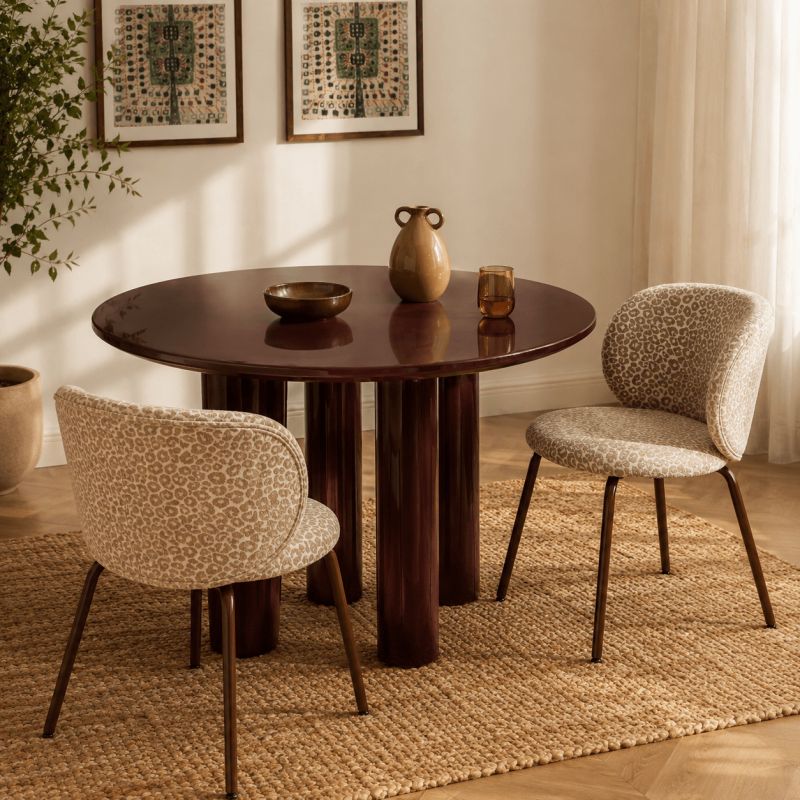 Lot de 2 chaises SERENA tissu jacquard léopard beige et pieds métal marron