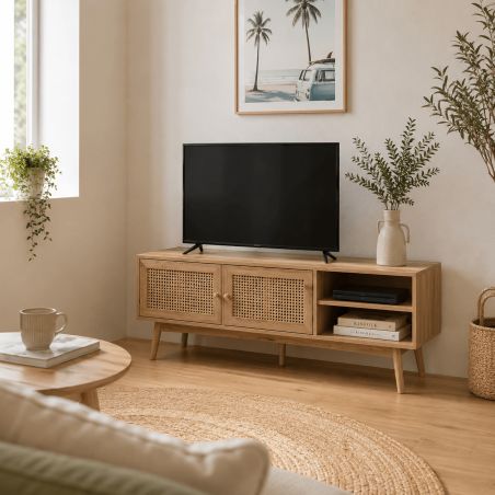 Meuble tv INES effet chêne et cannage rotin 140cm