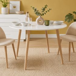 Table à manger ORATELLO blanc mat pieds en bois massif 120cm