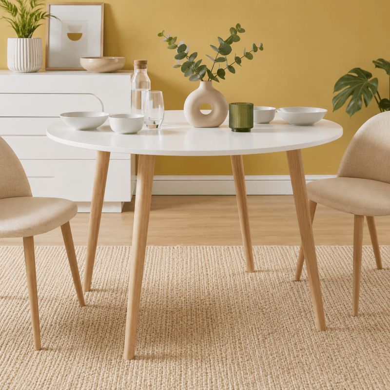 Table à manger ORATELLO blanc mat pieds en bois massif 120cm