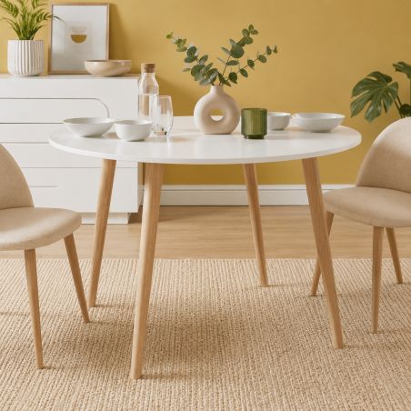 Table à manger ORATELLO blanc mat pieds en bois massif 120cm
