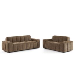 Ensemble canapés droits fixes 3+2 ALISTAIR tissu chenille marron