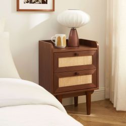 Ensemble tables de chevet + commode LEON placage couleur noyer et cannage