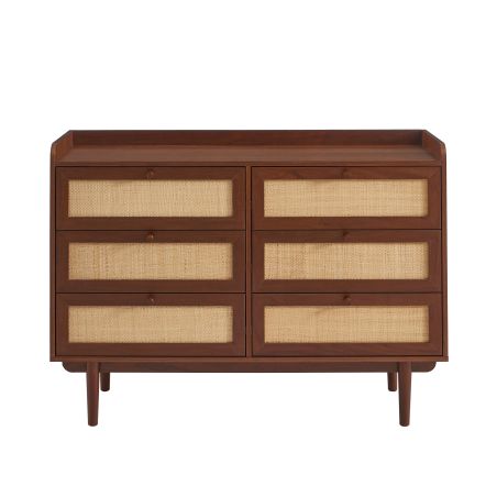 Ensemble tables de chevet + commode LEON placage couleur noyer et cannage