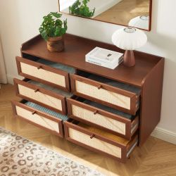 Ensemble tables de chevet + commode LEON placage couleur noyer et cannage