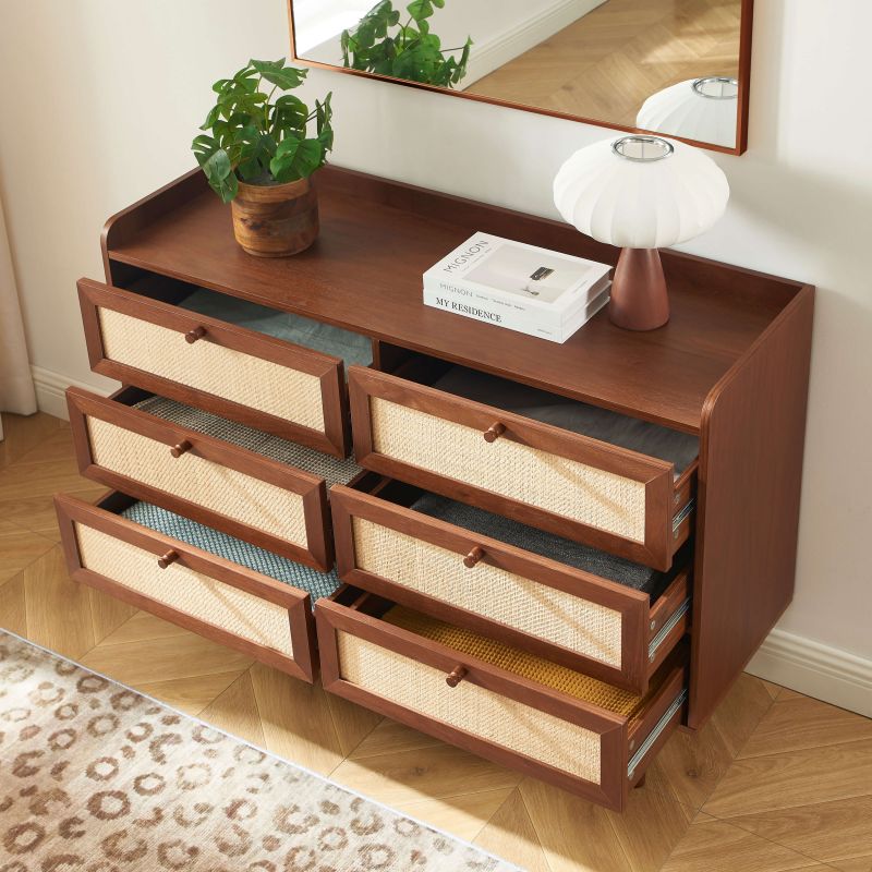 Ensemble tables de chevet + commode LEON placage couleur noyer et cannage