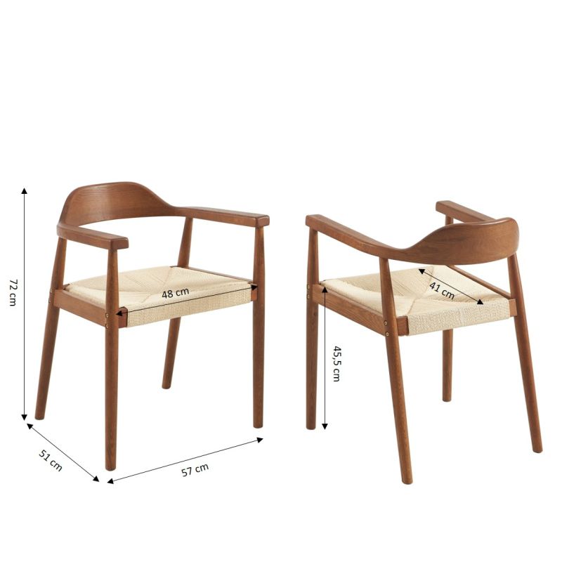 Lot de 4 chaises MARTIE chêne massif couleur noyer et corde
