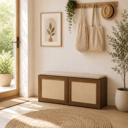 Banc à chaussures HARIA effet noyer et rotin
